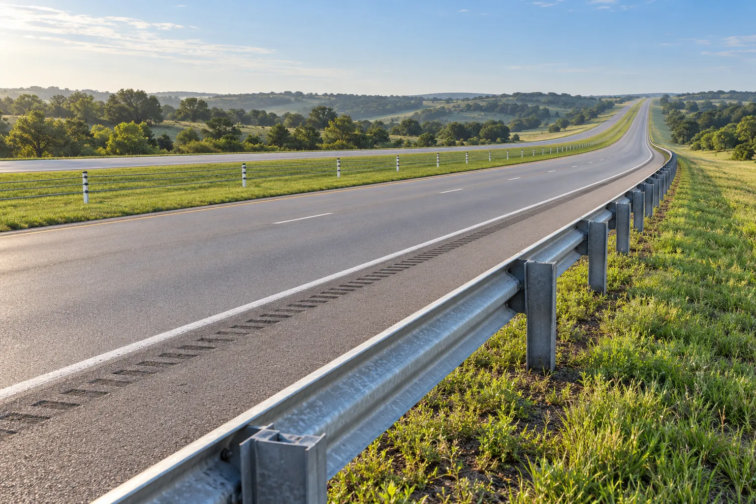 Illustrative highway guardrail and median cable barrier.