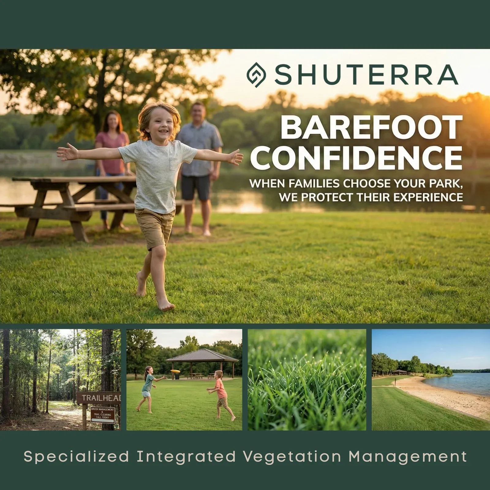 Shuterra Barefoot Confidence campaign showing families enjoying park grounds, trails and a lakeside recreation area