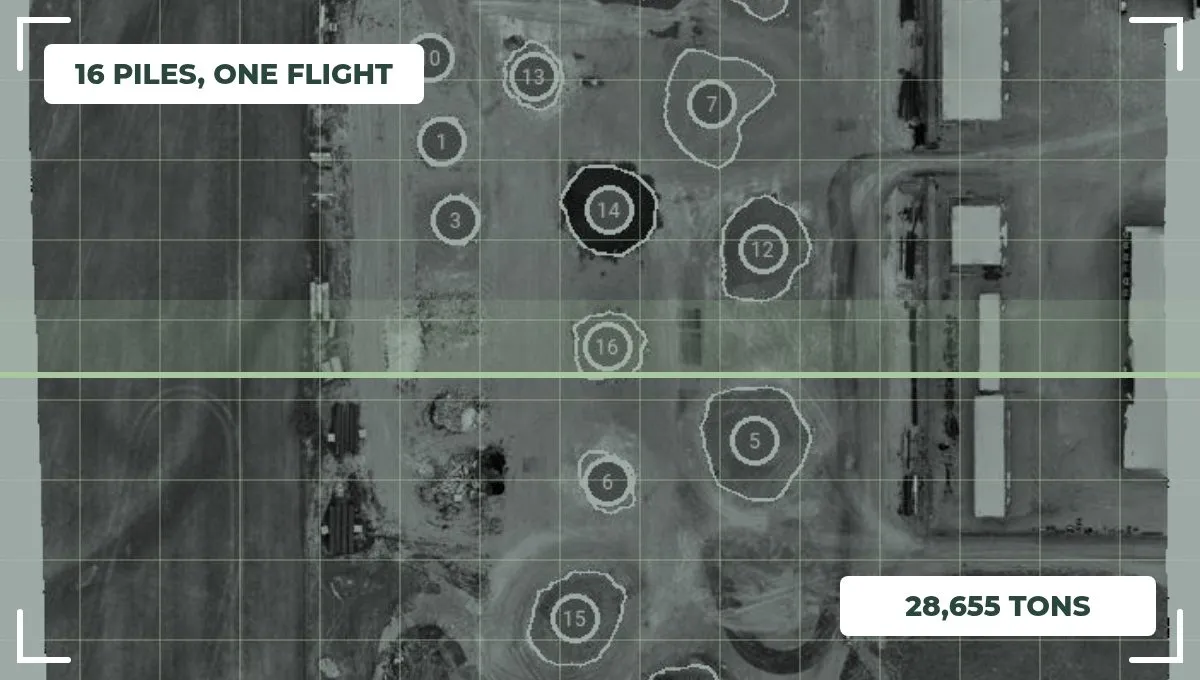Drone scan of an Oklahoma county road yard with 16 stockpiles outlined and numbered